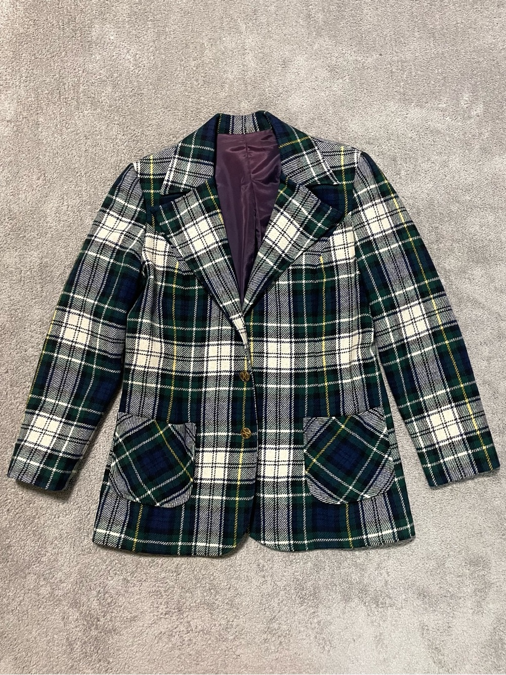 Vintage 70s Tartan Plaid Blazer Jacket Womens M Green Navy Patch Pocket Mod